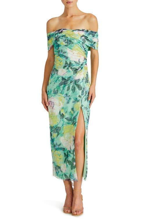 ML Monique Lhuillier Allie Floral Print Off the Shoulder Lace Midi Cocktail Dress Product Image