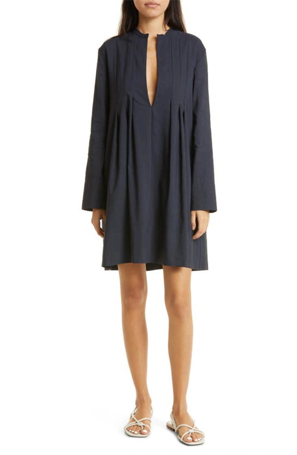 Vince Pleat Detail Long Sleeve Linen & Cotton Blend Trapeze Dress Product Image