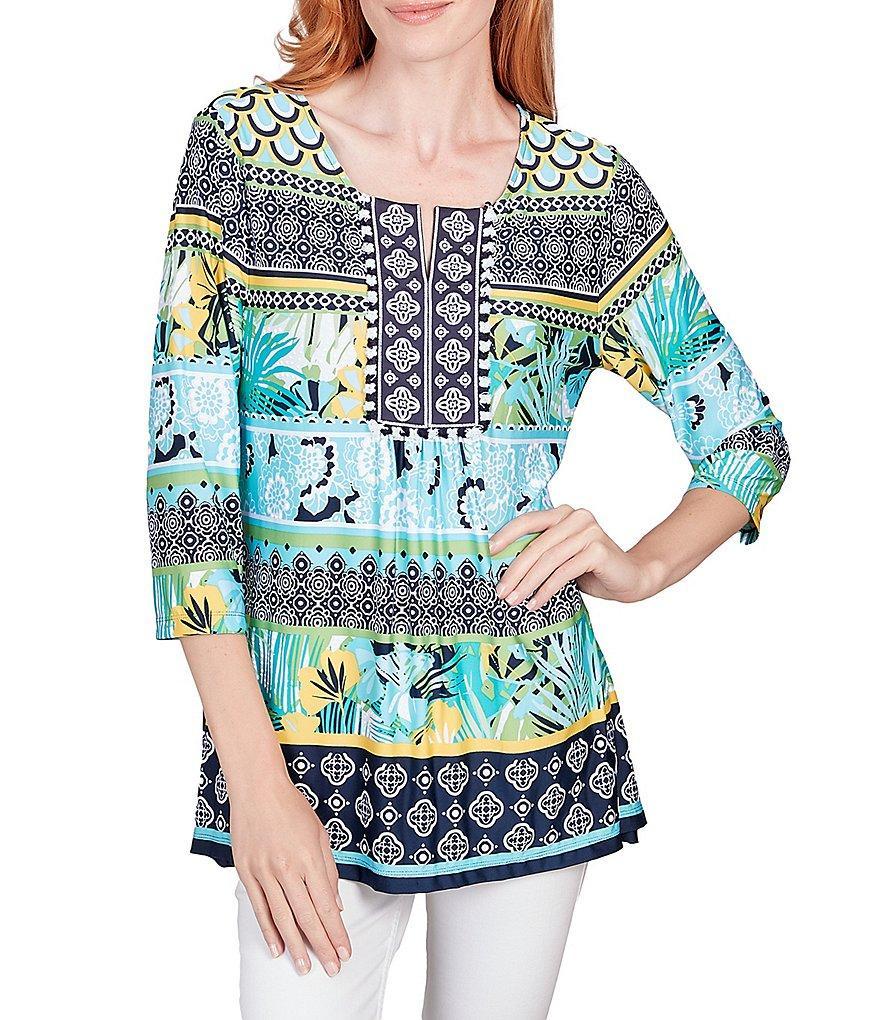 Ruby Rd. Petite Size Mixed Border Print Knit Split Square Neck 3/4 Sleeve Top Product Image