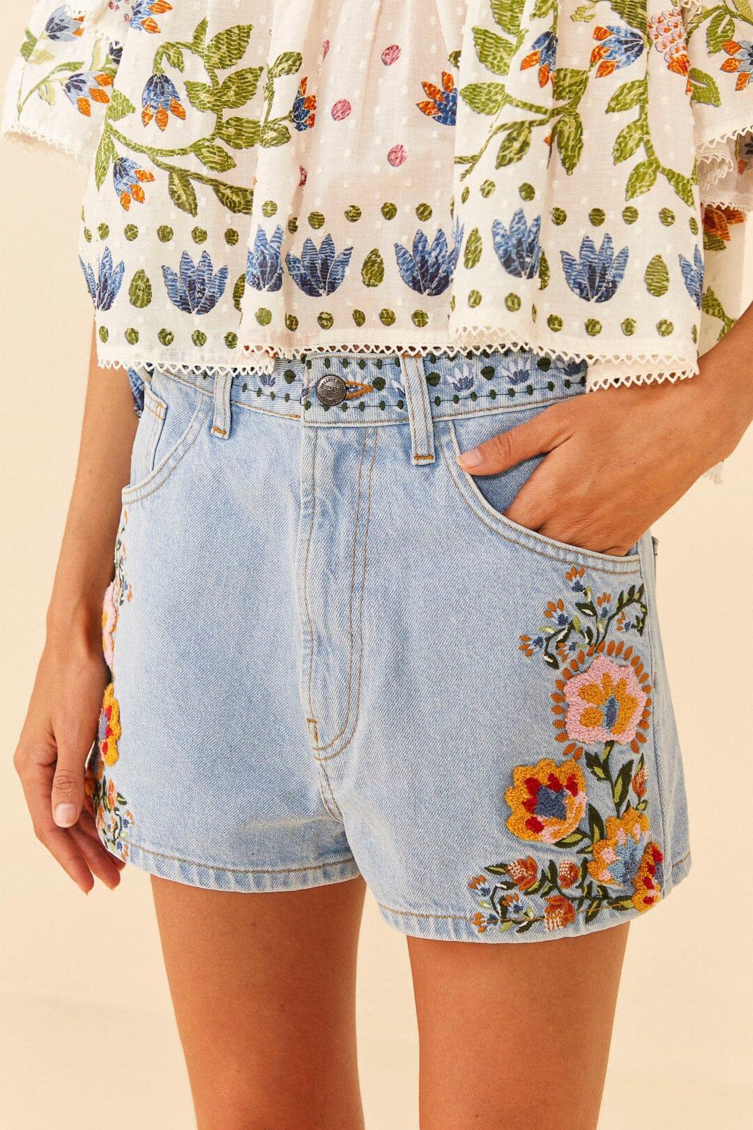 Summer Garden Embroidered Denim Shorts Product Image