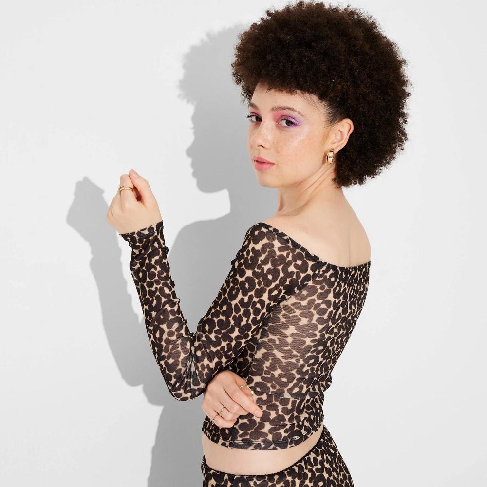 Womens Long Sleeve Off the Shoulder Knit Top - Wild Fable Brown Leopard Print XXS Product Image