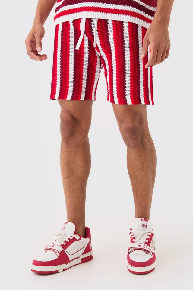 Relaxed Open Stitch Stripe Knit Short In Red | boohooMAN USA Product Image