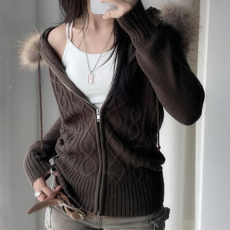 Fluffy Trim Hooded Cable Knit Zip Cardigan / Button Fly Washed Wide Leg Jeans Product Image