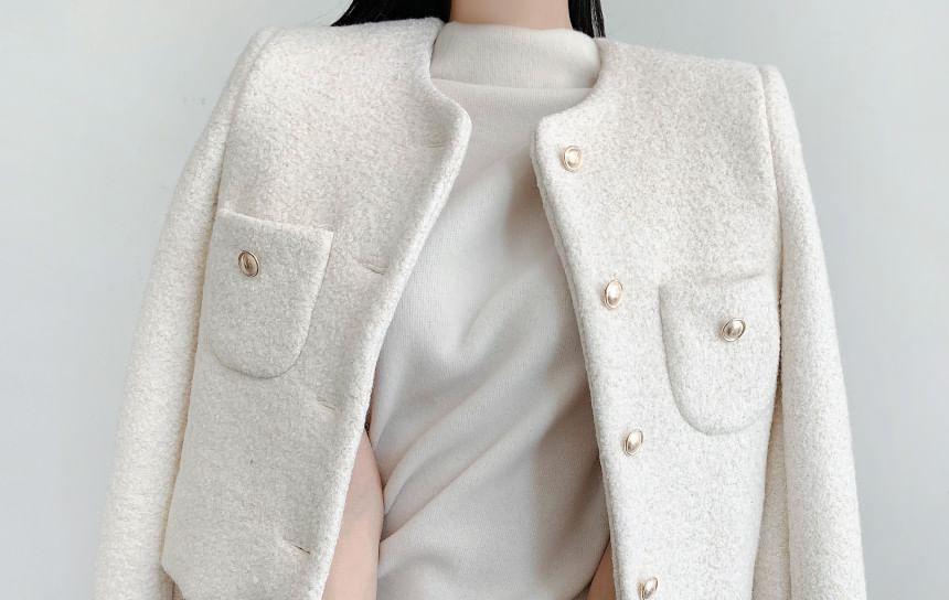 Long Sleeve Round Neck Tweed Cropped Jacket Product Image