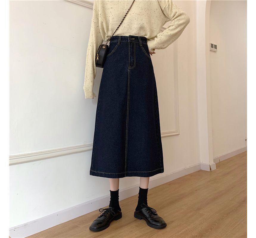 High-Waist A-Line Silt-Back Denim Midi Skirt Product Image