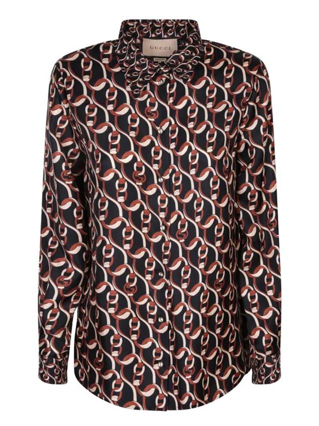 Interlocking G Chain Print Silk Shirt In Black Product Image