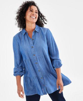 Petite Chambray Button-Front Tiered Top, Created for Macy's Product Image