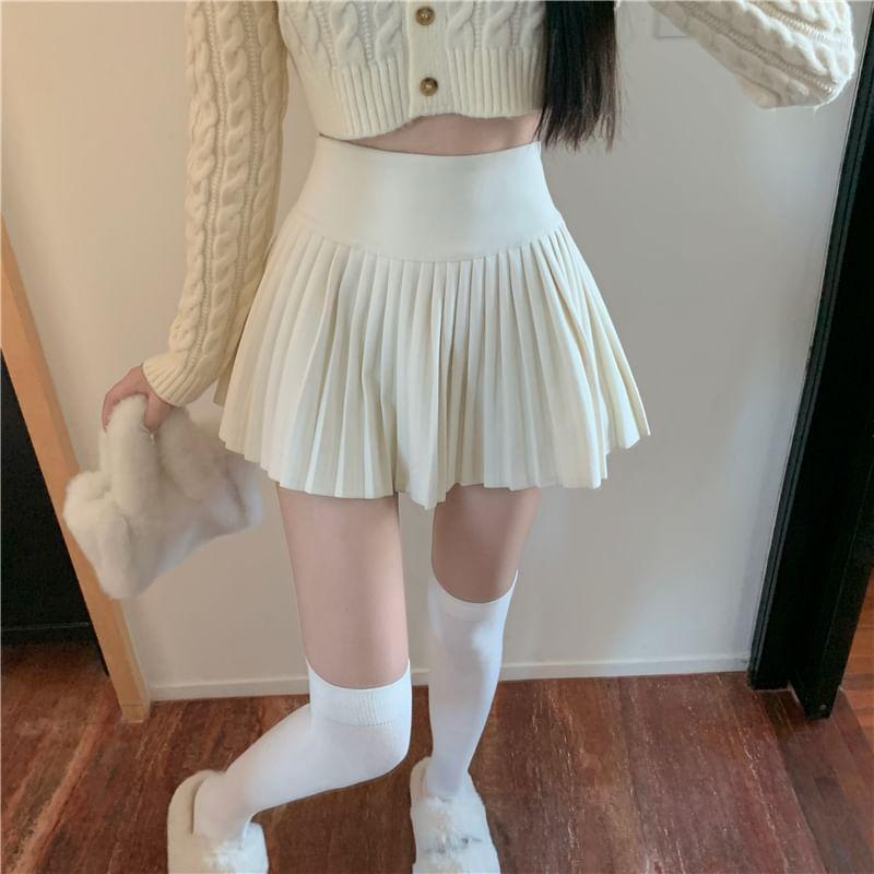 High Waist Plain Pleated Mini A-Line Skirt Product Image