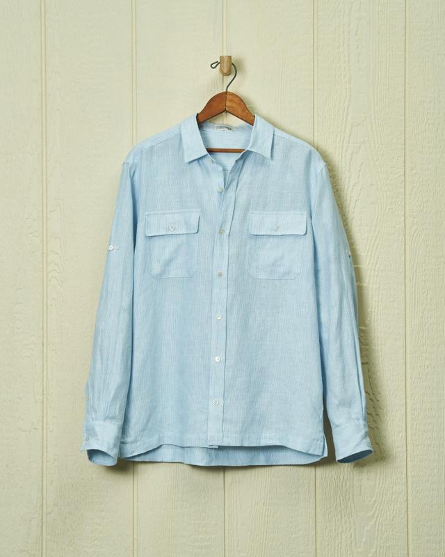 Linen Utility Shirt in Blue/White Fine Stripe Product Image