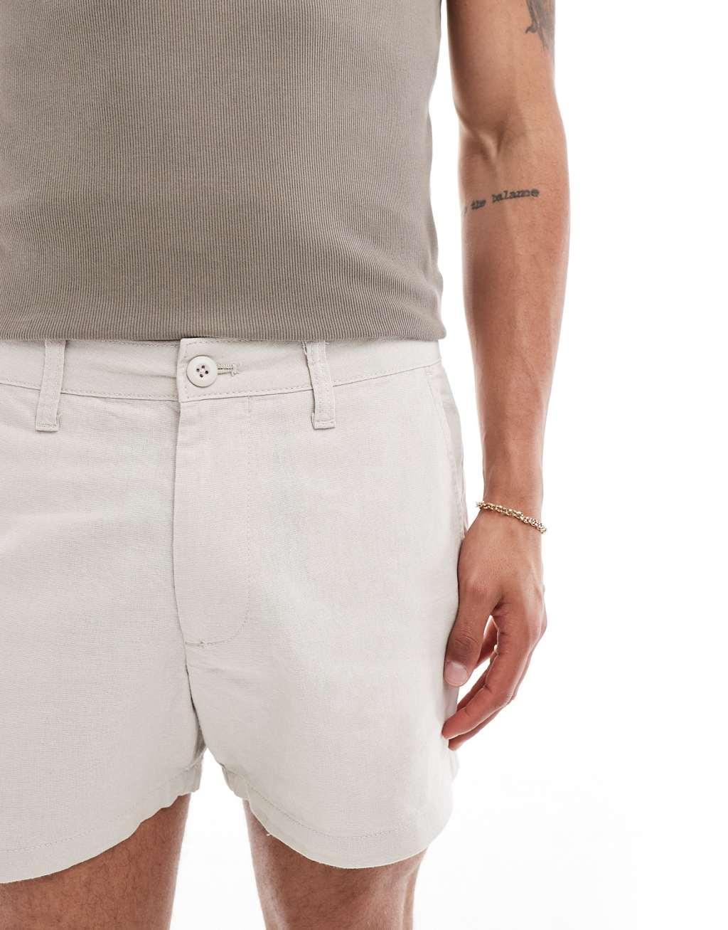 ASOS DESIGN slim linen shorts in beige Product Image