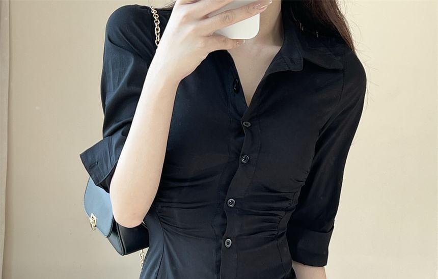 Elbow-Sleeve Collared Plain Ruched Mini Sheath Shirt Dress Product Image