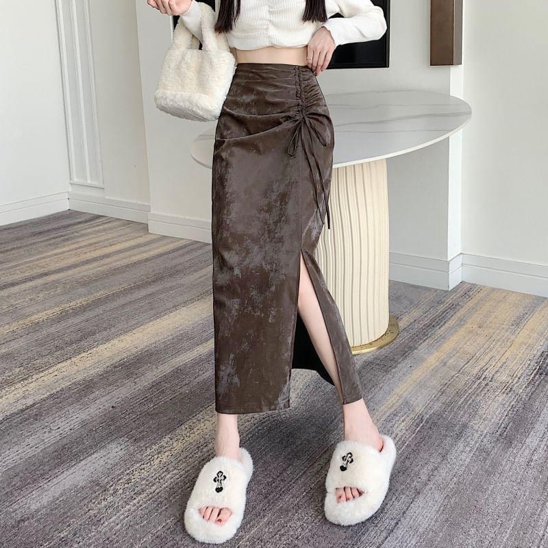 High Rise Drawstring Plain Slit Velvet Midi A-Line Skirt Product Image