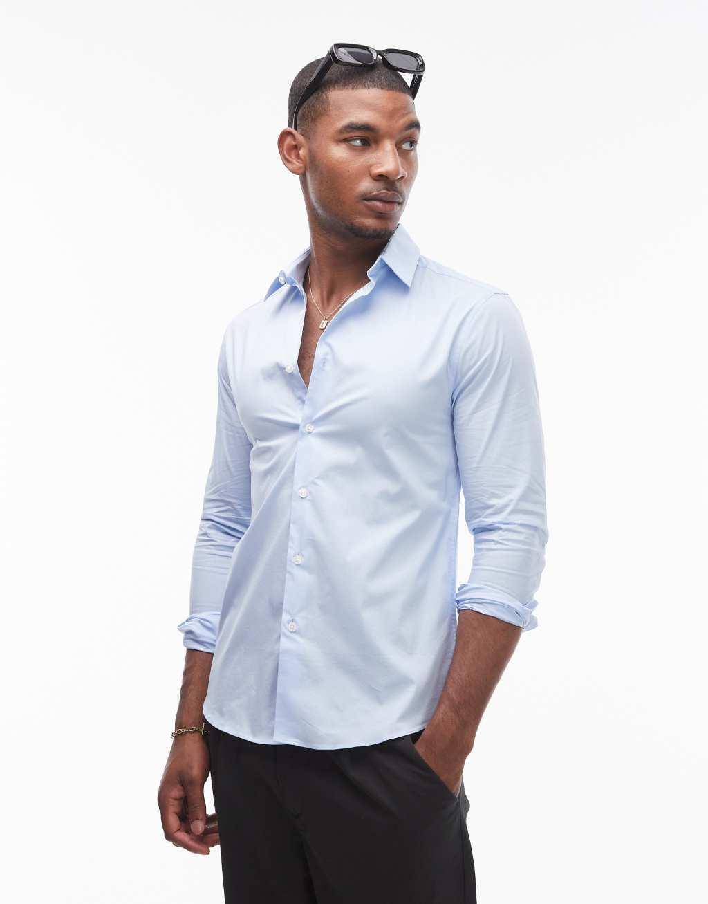 Topman long sleeve stretch shirt in blue Product Image