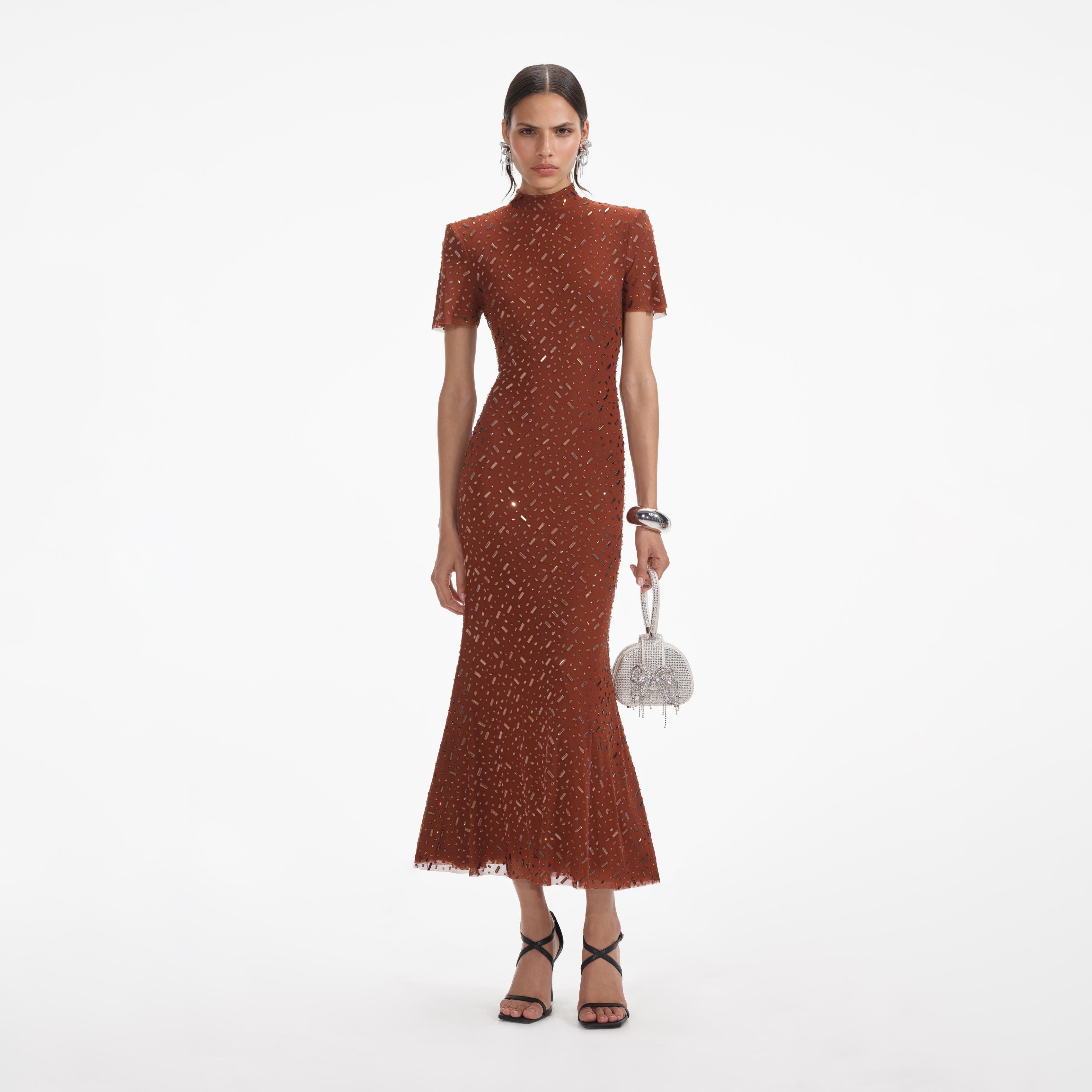 Brown Square Rhinestone Mesh Midi Dress Product Image