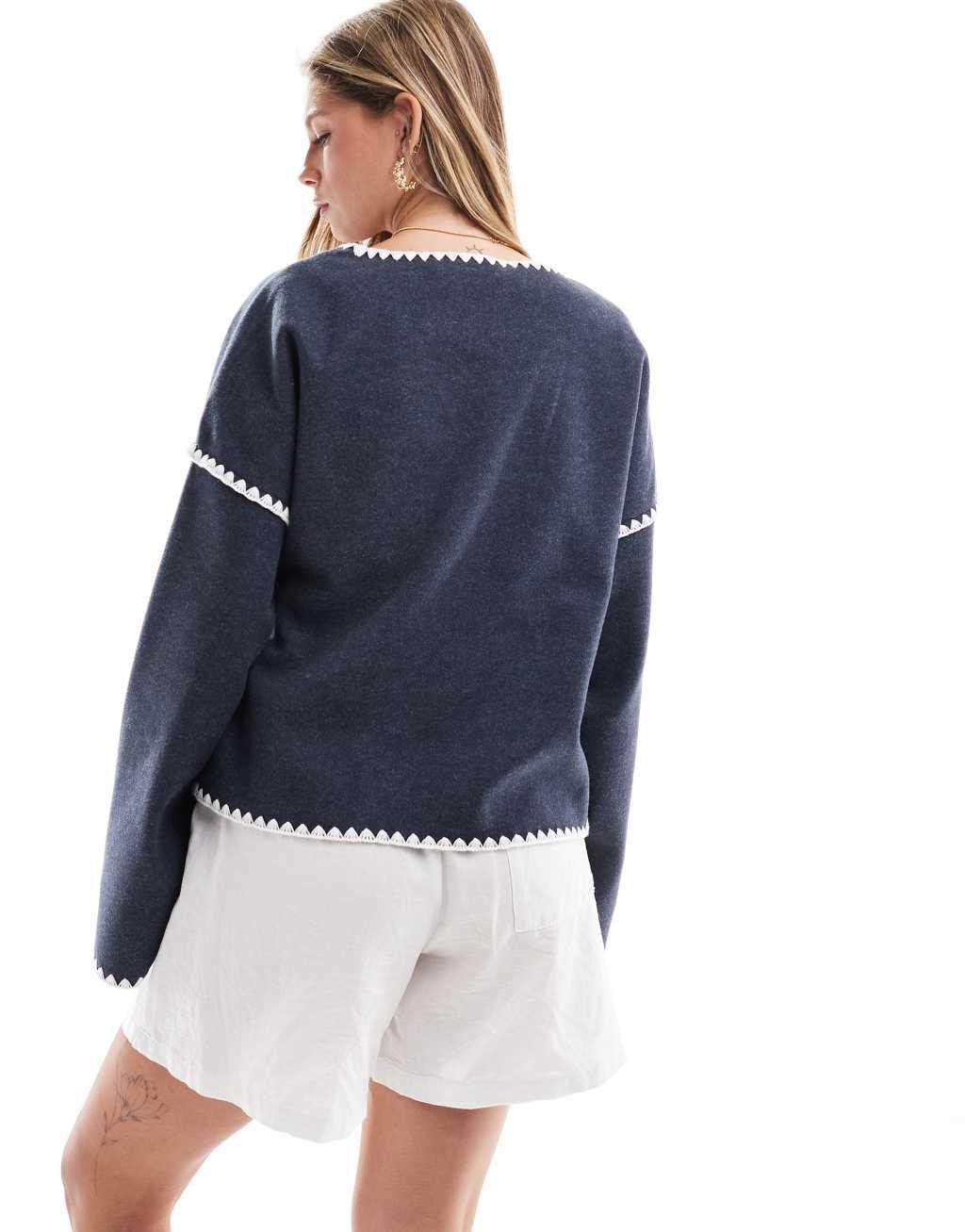 Vila wrap front cardigan with contrast stitch in Navy Product Image