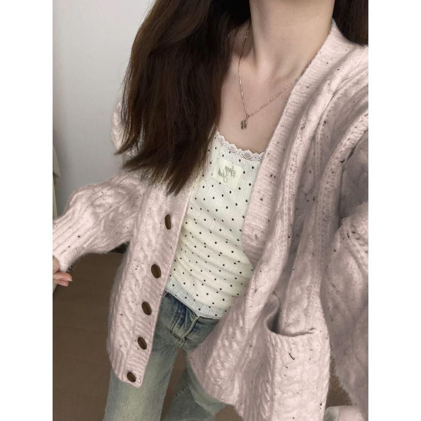 V-Neck Speckle Cable Knit Button-Up Cardigan Product Image