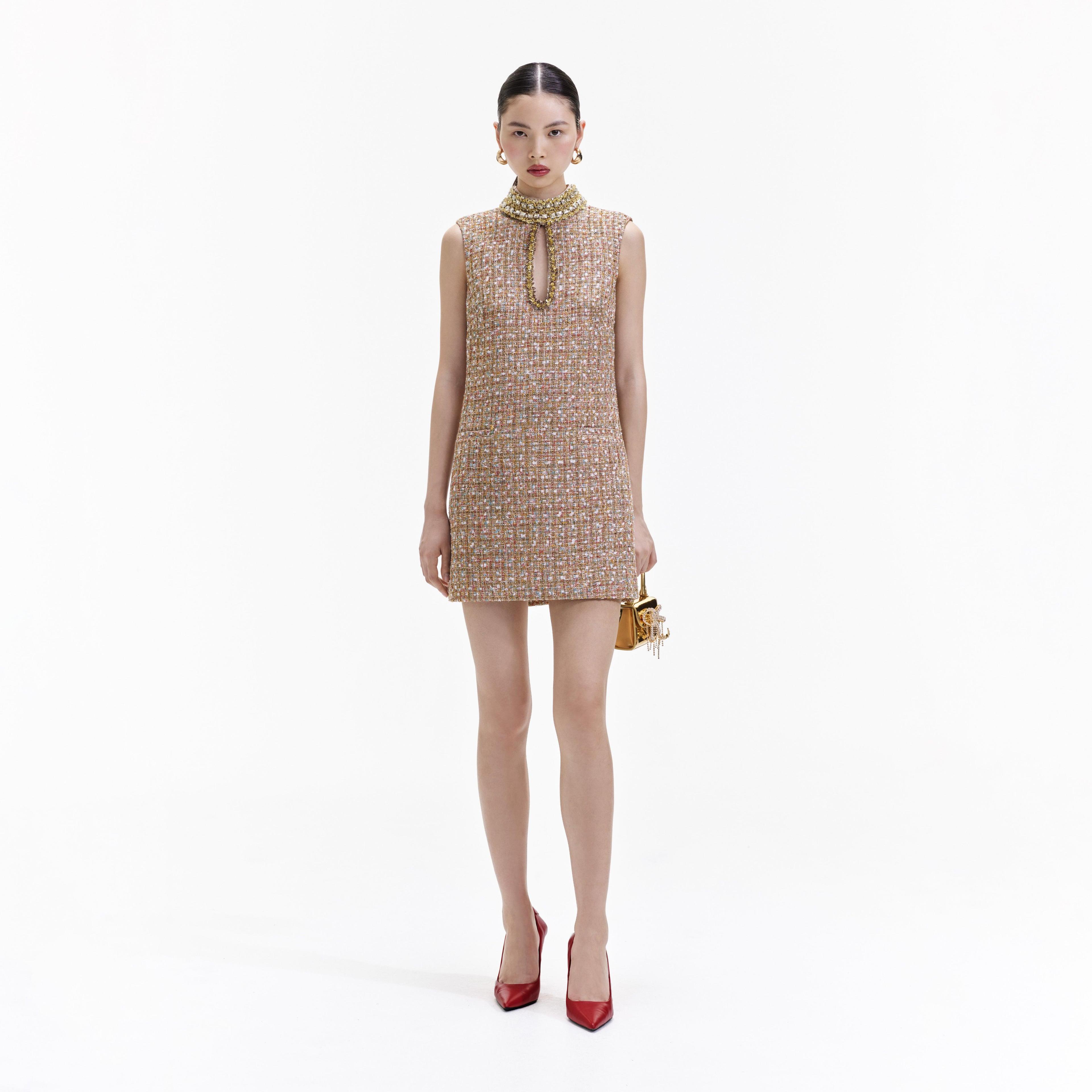 Gold Tinsel Boucle Embellished Mini Dress Product Image