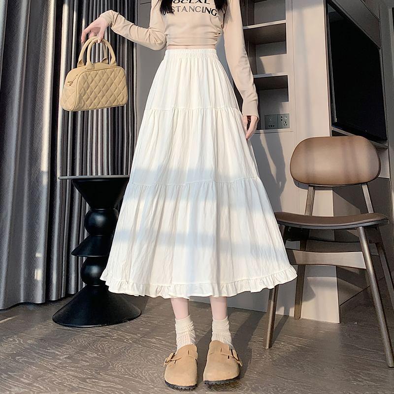 Elastic Waist Plain Tiered Ruffle Trim Midi A-Line Skirt Product Image