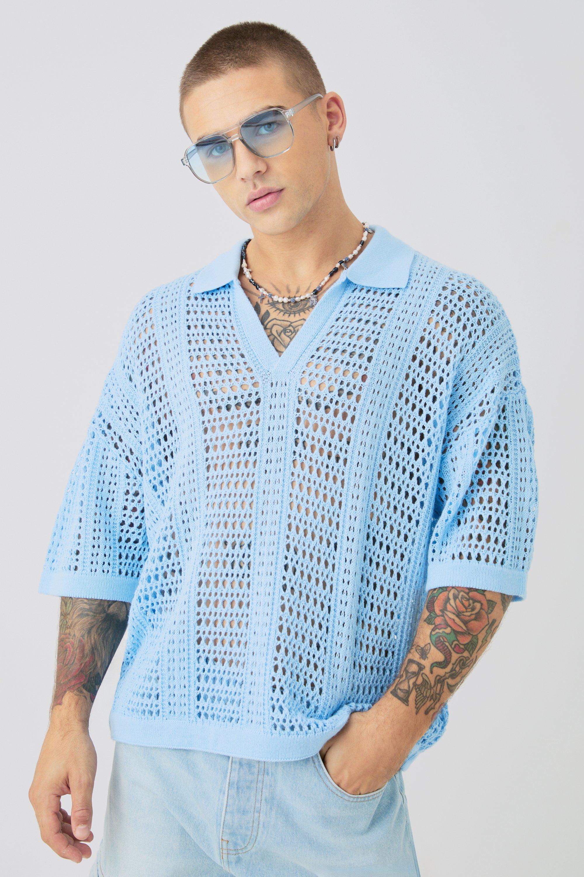 Oversized V Neck Open Stitch Knitted Polo | boohooMAN USA Product Image