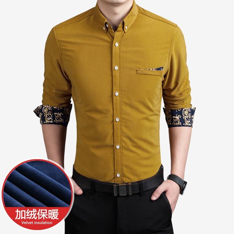 Long-Sleeve Print Panel Fleece-Lined Corduroy Shirt Product Image