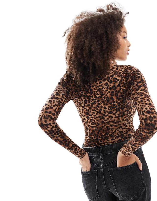 Miss Selfridge long sleeve square neck bodysuit in leopard print Product Image