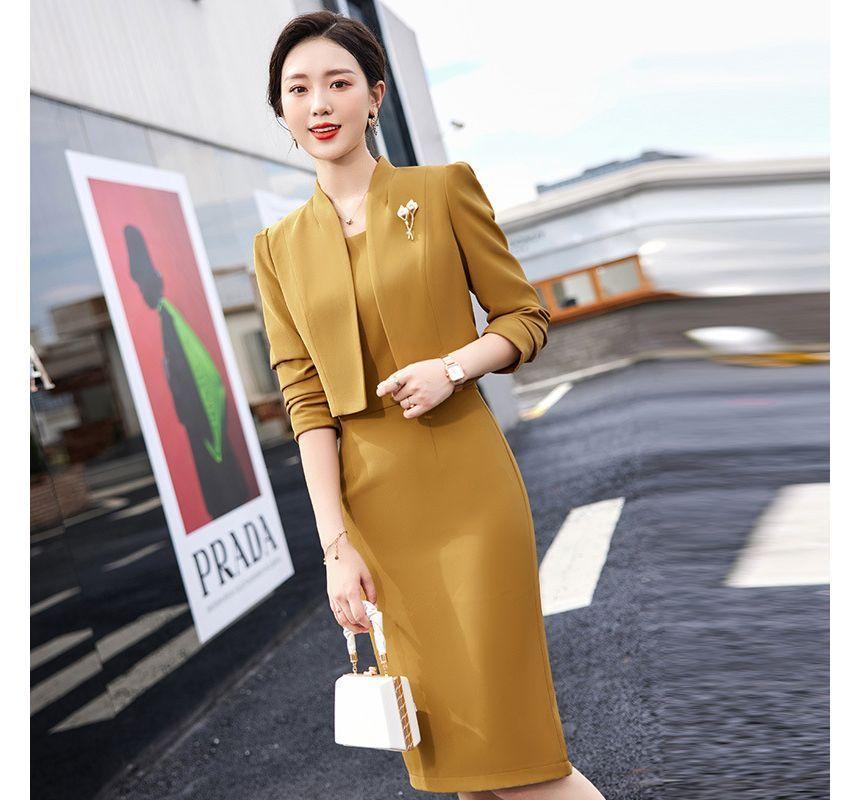 Sleeveless Plain Midi Sheath Dress / Cropped Jacket Product Image