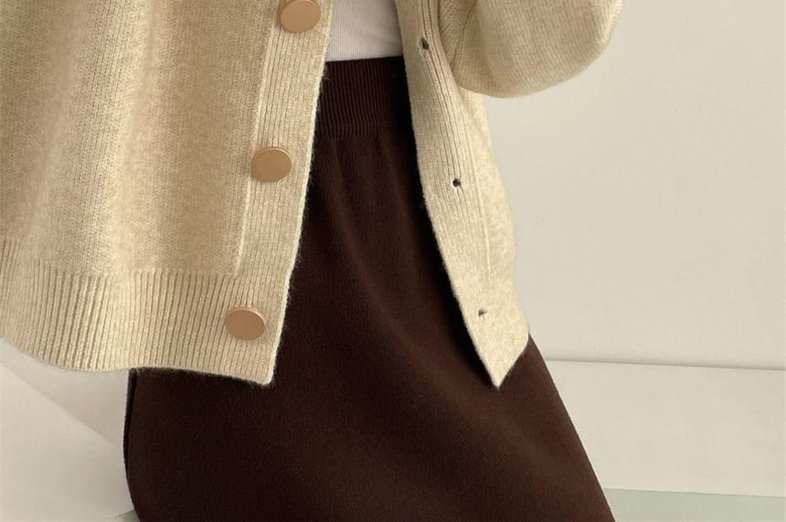 Round Neck Plain Button Oversized Cardigan Product Image