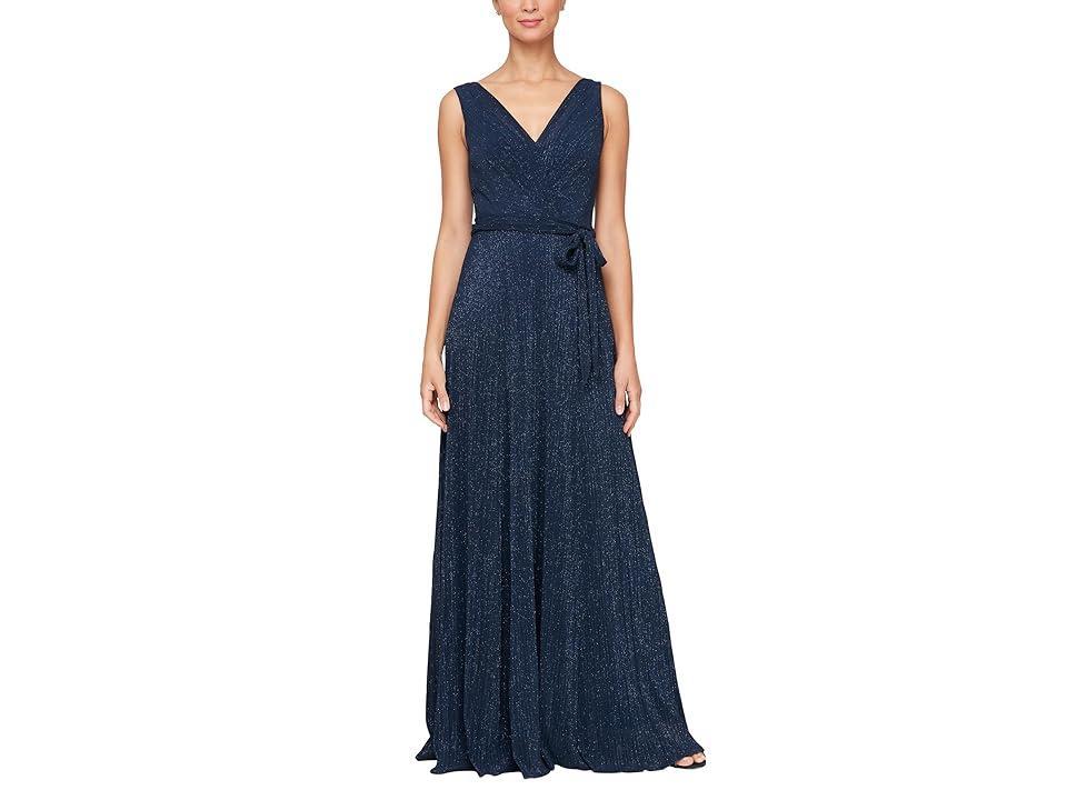 Alex Evenings Long Glitter Mesh Dress with Surplice Neckline and Tie Belt Women's Dress Product Image