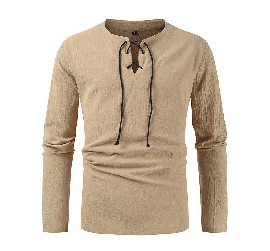 Long-Sleeve Crew Neck Lace-Up Shirt Product Image