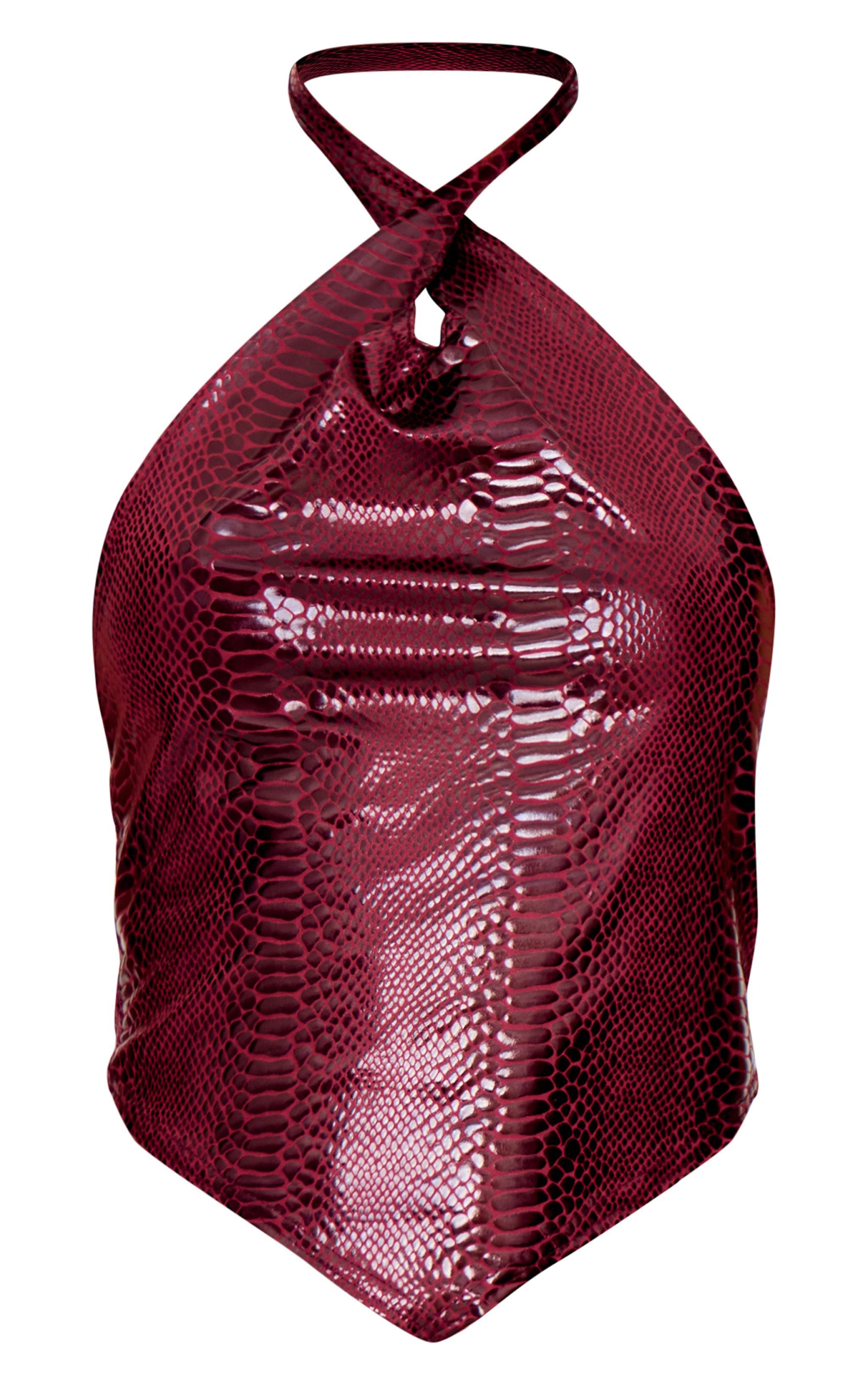 Burgundy Wet Look Croc Print Knotted Halterneck Top Product Image