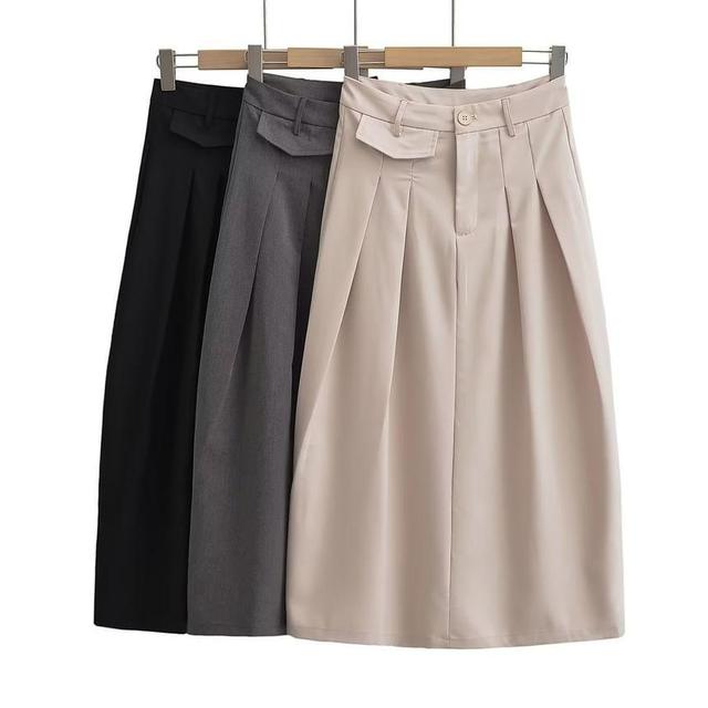 High Waist Plain Midi A-Line Pleated Suit Skirt Product Image