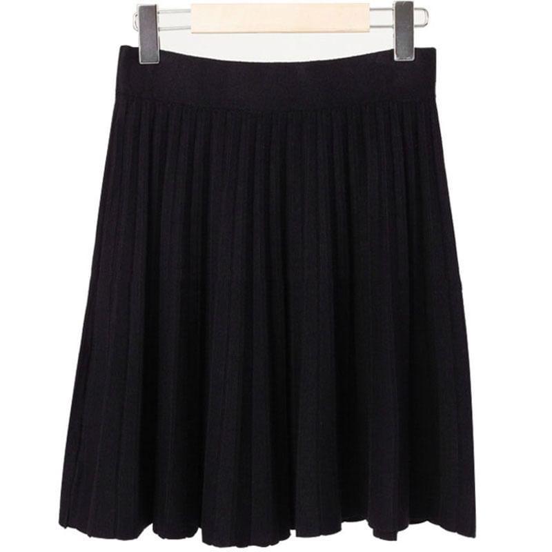 High Rise Plain Knit Mini Pleated Skirt Product Image