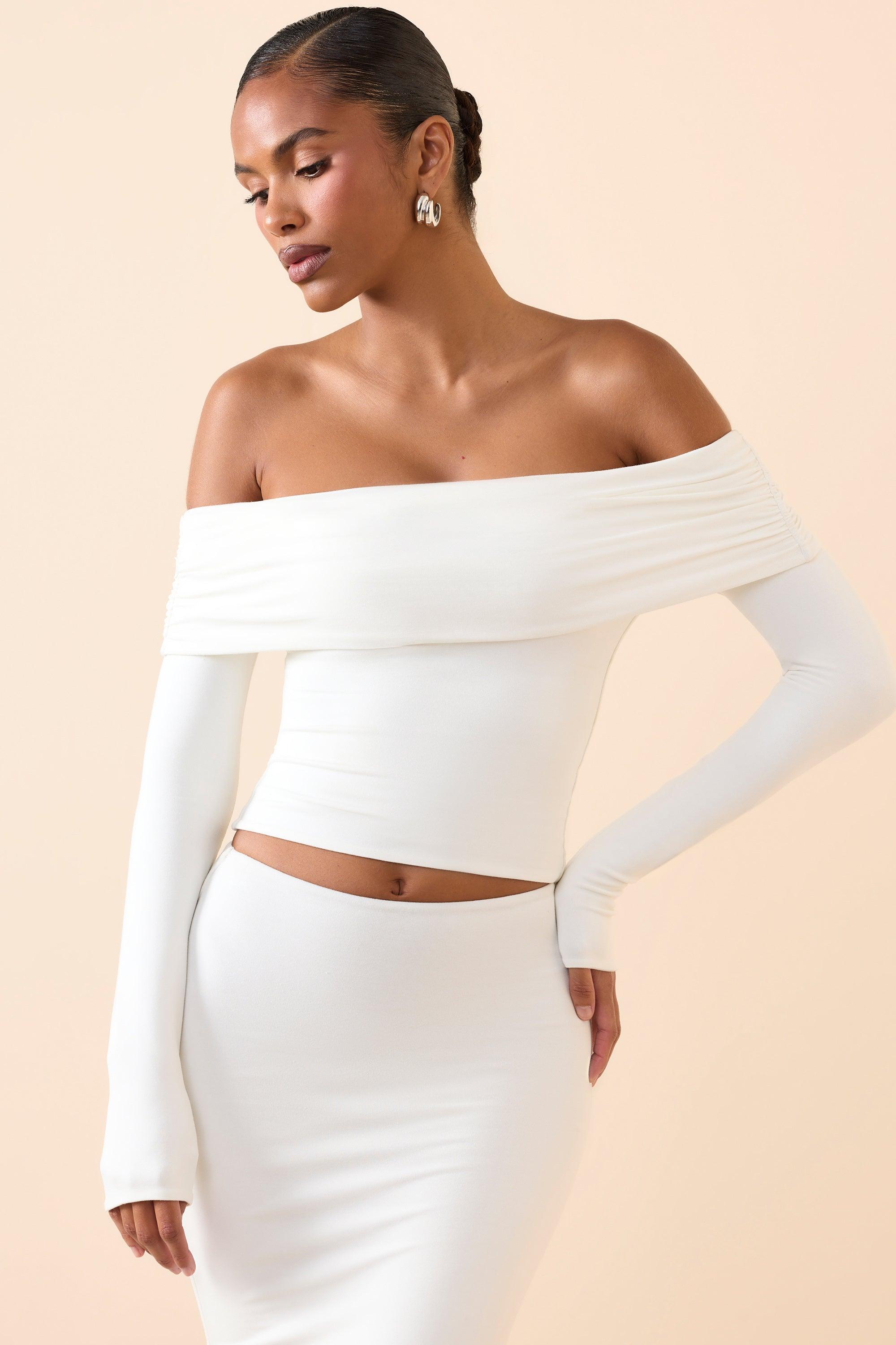 Modal Off-Shoulder Long-Sleeve Top in White Product Image