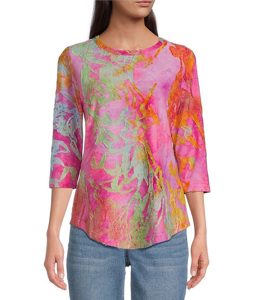 Calessa Petite Size Jacquard Knit Burnout Tie-Dye Abstract Paisley Print Crew Neck 3/4 Sleeve Shirttail Hem Tunic Product Image