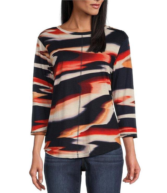 Westbound Petite Size Reflective Sunset Print 3/4 Sleeve Knit Crew Neck Top Product Image