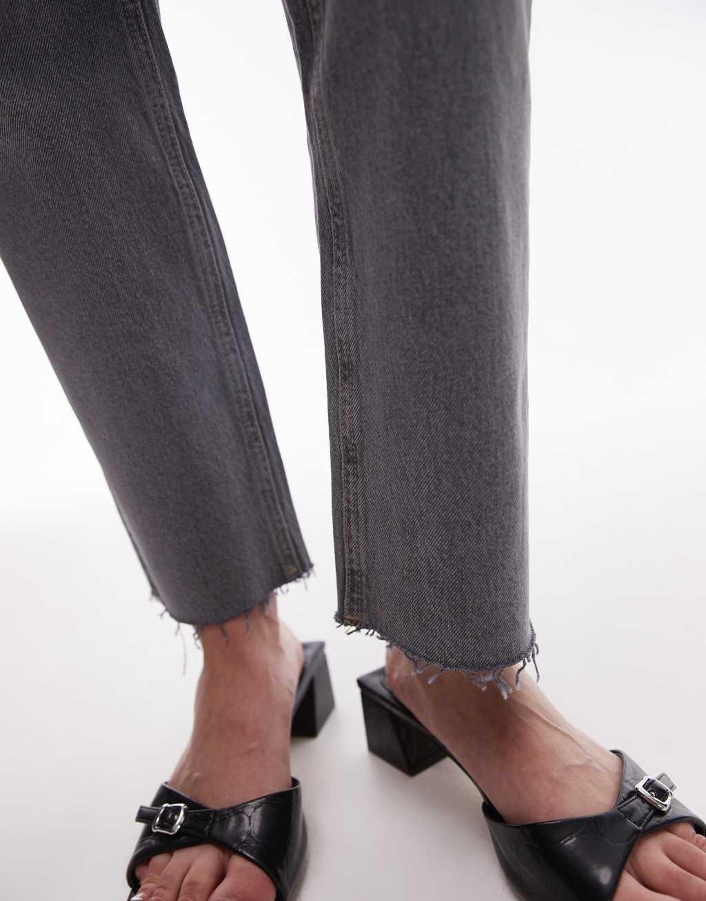 Topshop cropped mid rise straight jeans with raw hems in gray  Product Image