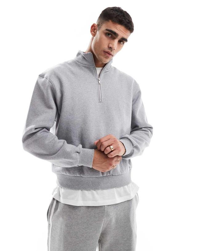 ASOS DESIGN premium heavyweight boxy oversized quarter zip sweatshirt 400gsm in gray heather Product Image