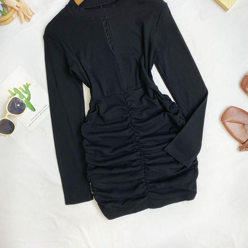 Long Sleeve Crew Neck Plain Ruched Bodycon Mini Dress Product Image