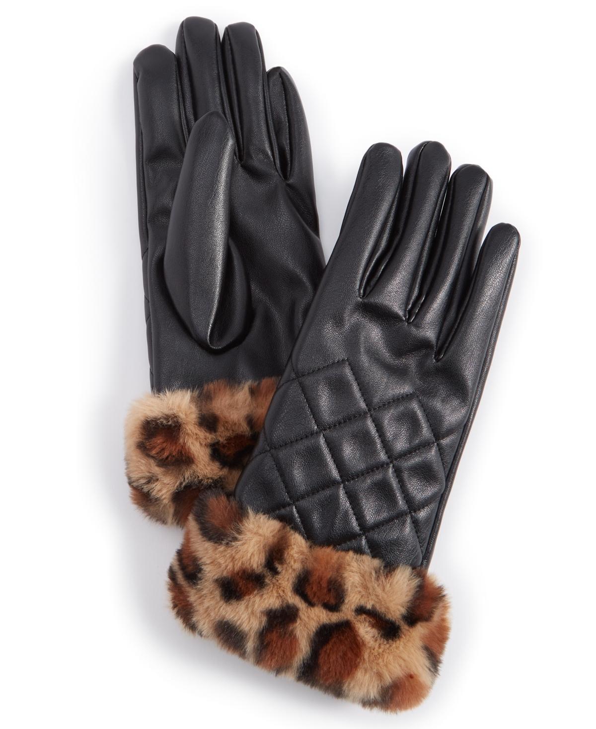 I.n.c. International Concepts Womens Faux-Fur-Trim Faux-Leather Gloves, Created for Macys Product Image