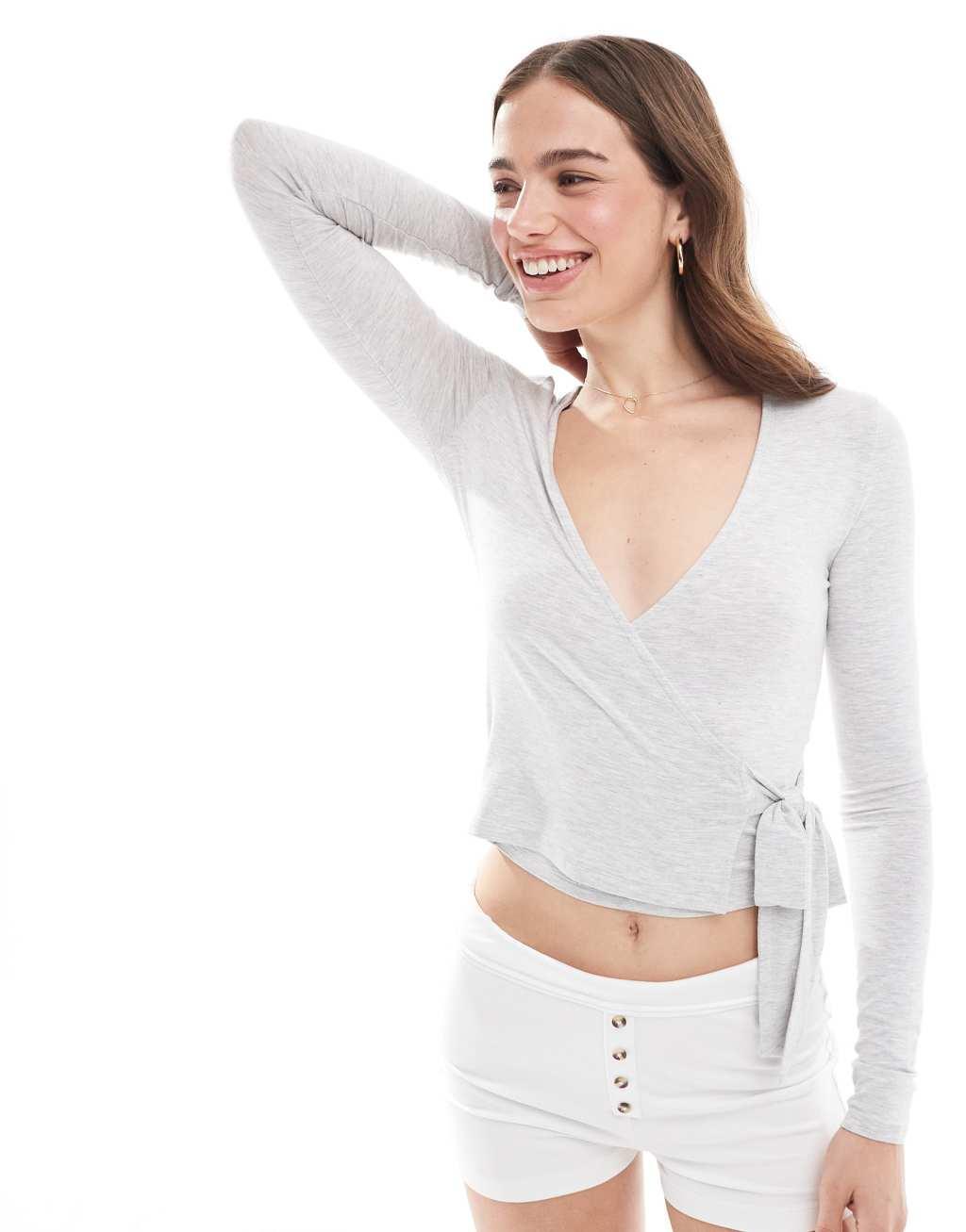 Miss Selfridge long sleeve jersey wrap top in heather gray Product Image