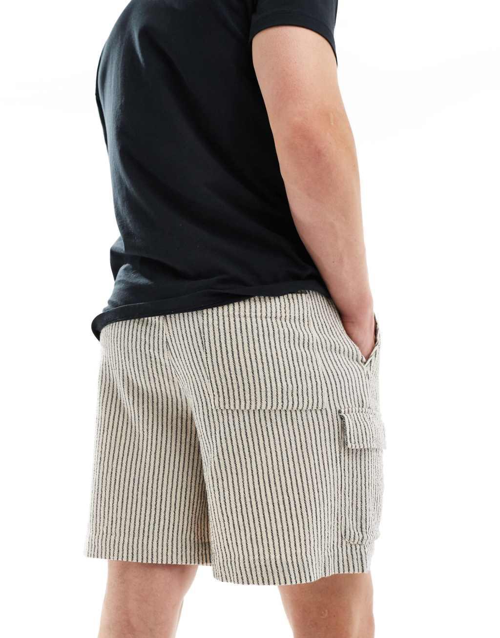 ASOS DESIGN cargo shorts in neutral stripe in brown Product Image