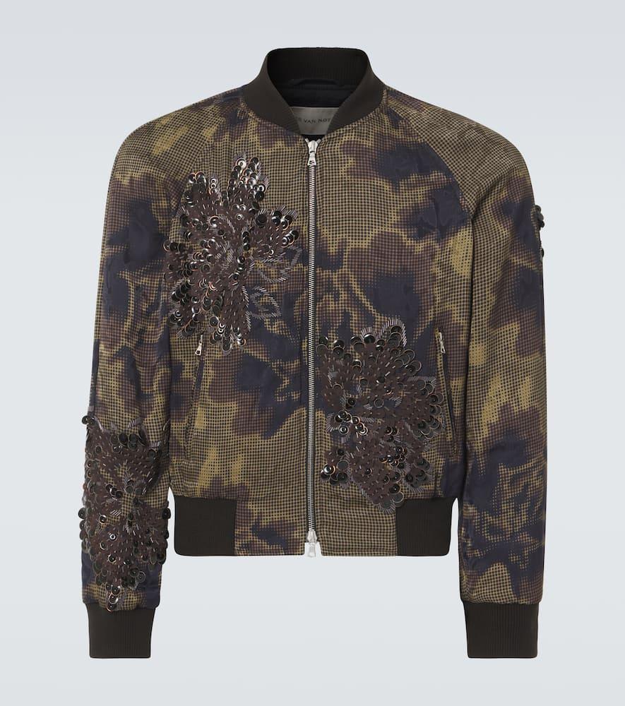 Mens Brown Bead-embellished Abstract-pattern Regular-fit Woven Bomber Jacket Product Image