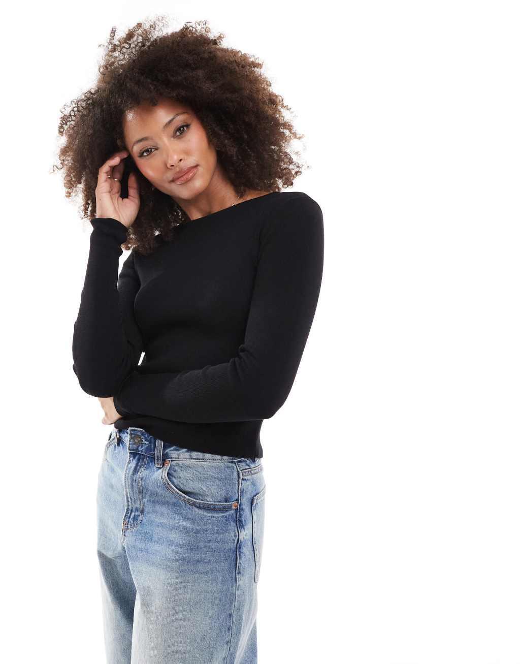 Miss Selfridge compact knit long sleeve top in black Product Image