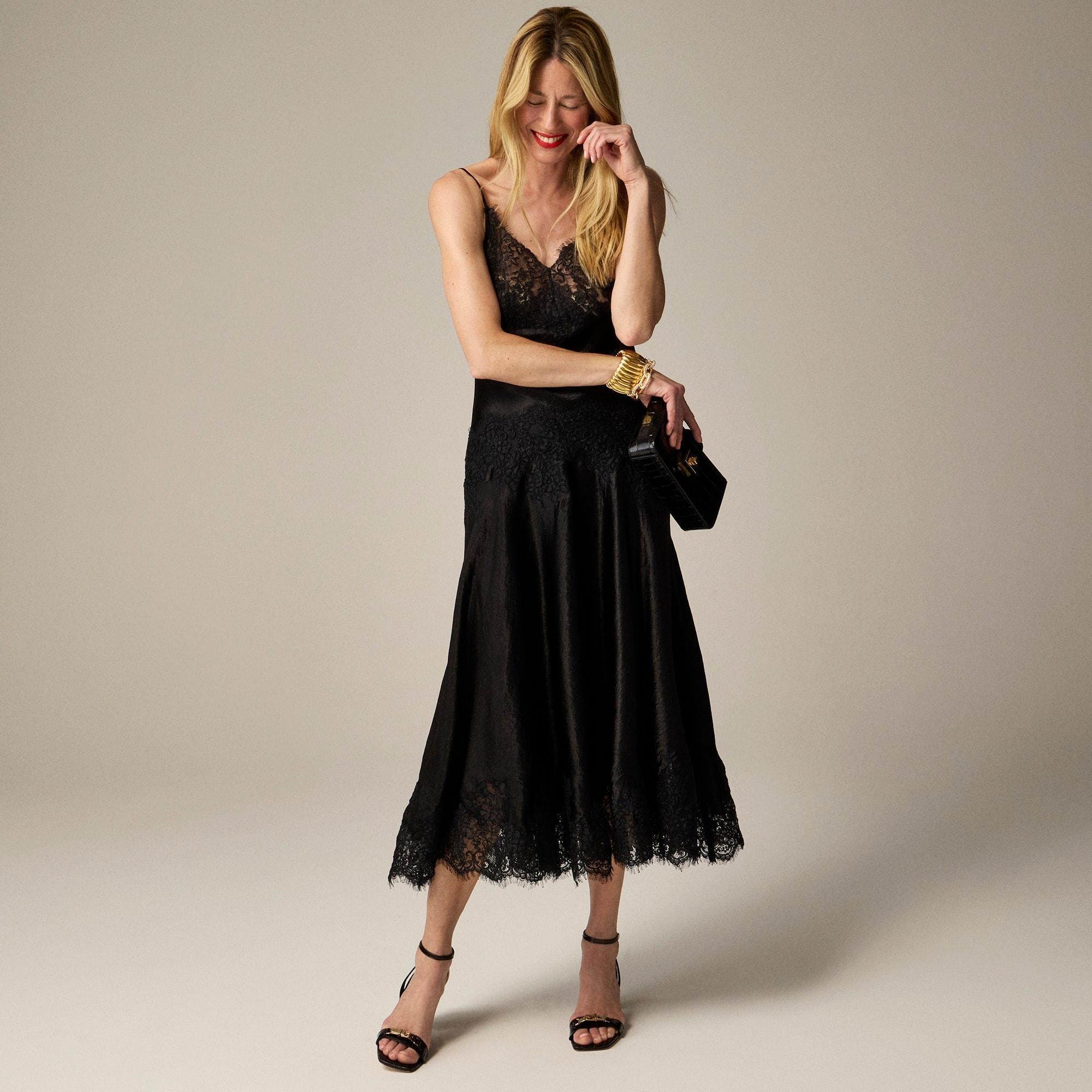 Collection lace-trim slip dress in textured satin Product Image