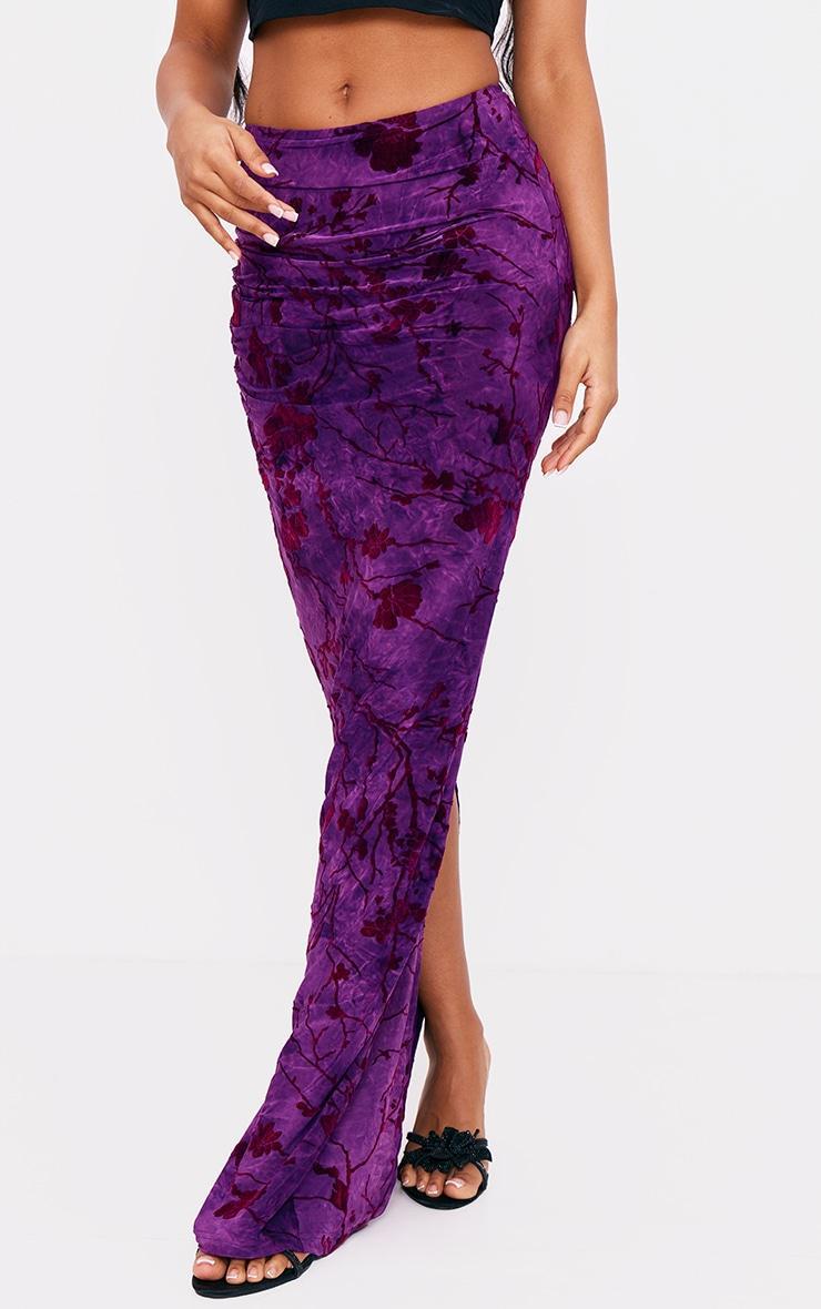 Purple Printed Soft Touch Devore Ruched Side Maxi Skirt Product Image