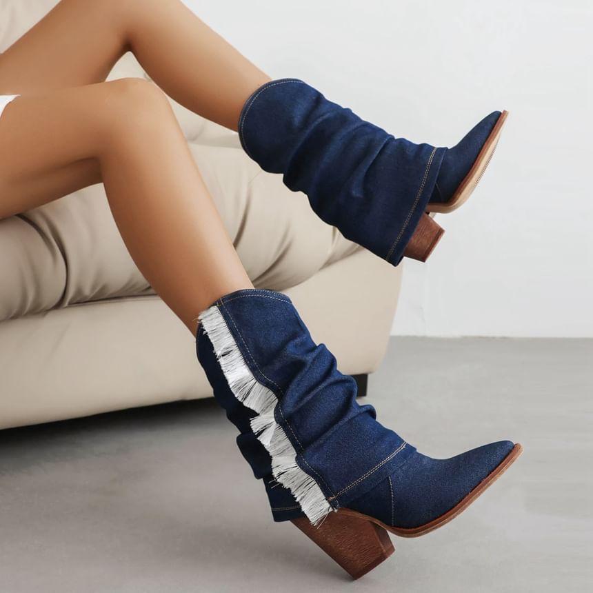 Chunky Heel Tasseled Denim Chelsea Boots Product Image