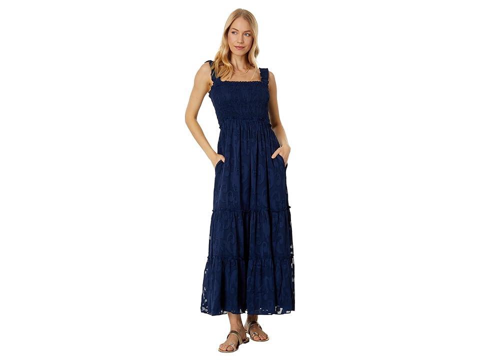 Lilly Pulitzer Hadly Smocked Maxi Dress (True Poly Crepe Swirl Clip) Women's Clothing Product Image