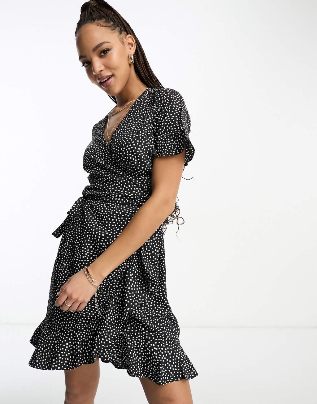 Vero Moda wrap mini dress in black dot print Product Image