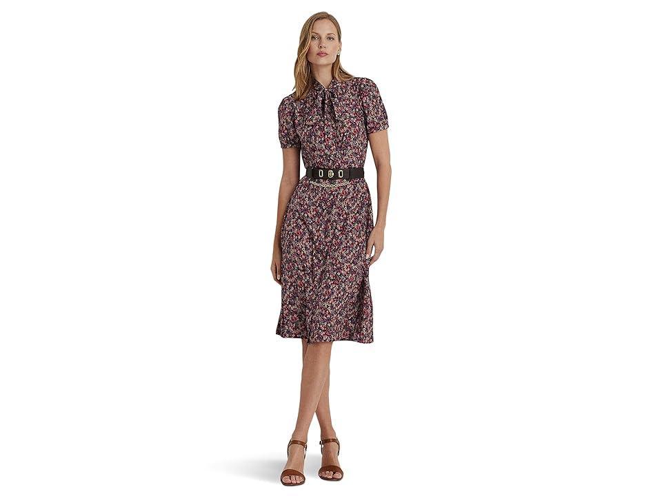 LAUREN Ralph Lauren Floral Crepe Tie Neck Shirtdress Burgundy Multi) Women's Dress Product Image