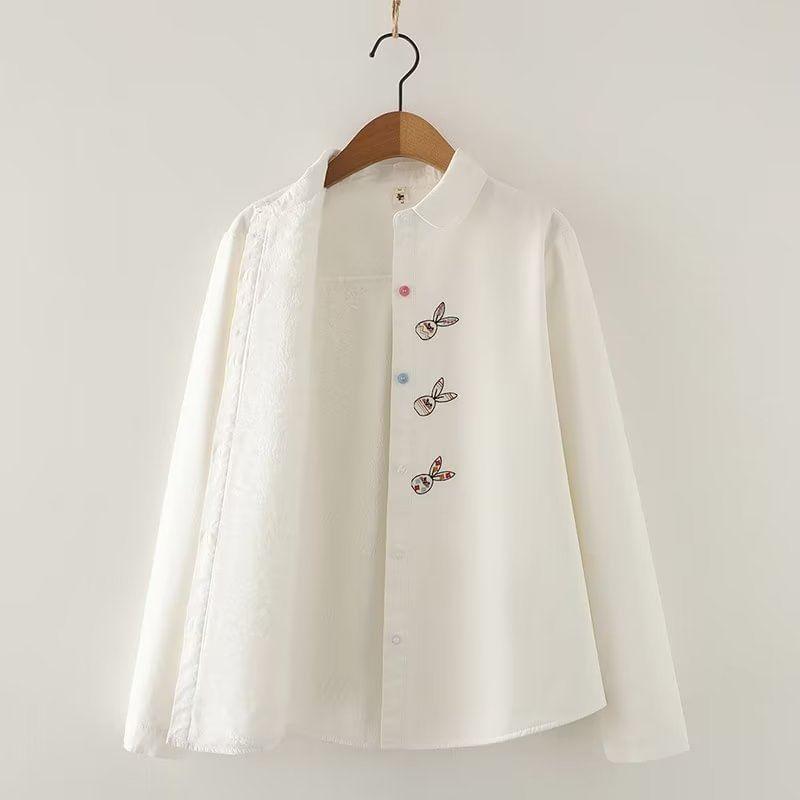 Long Sleeve Collared Floral Embroidered Shirt Product Image